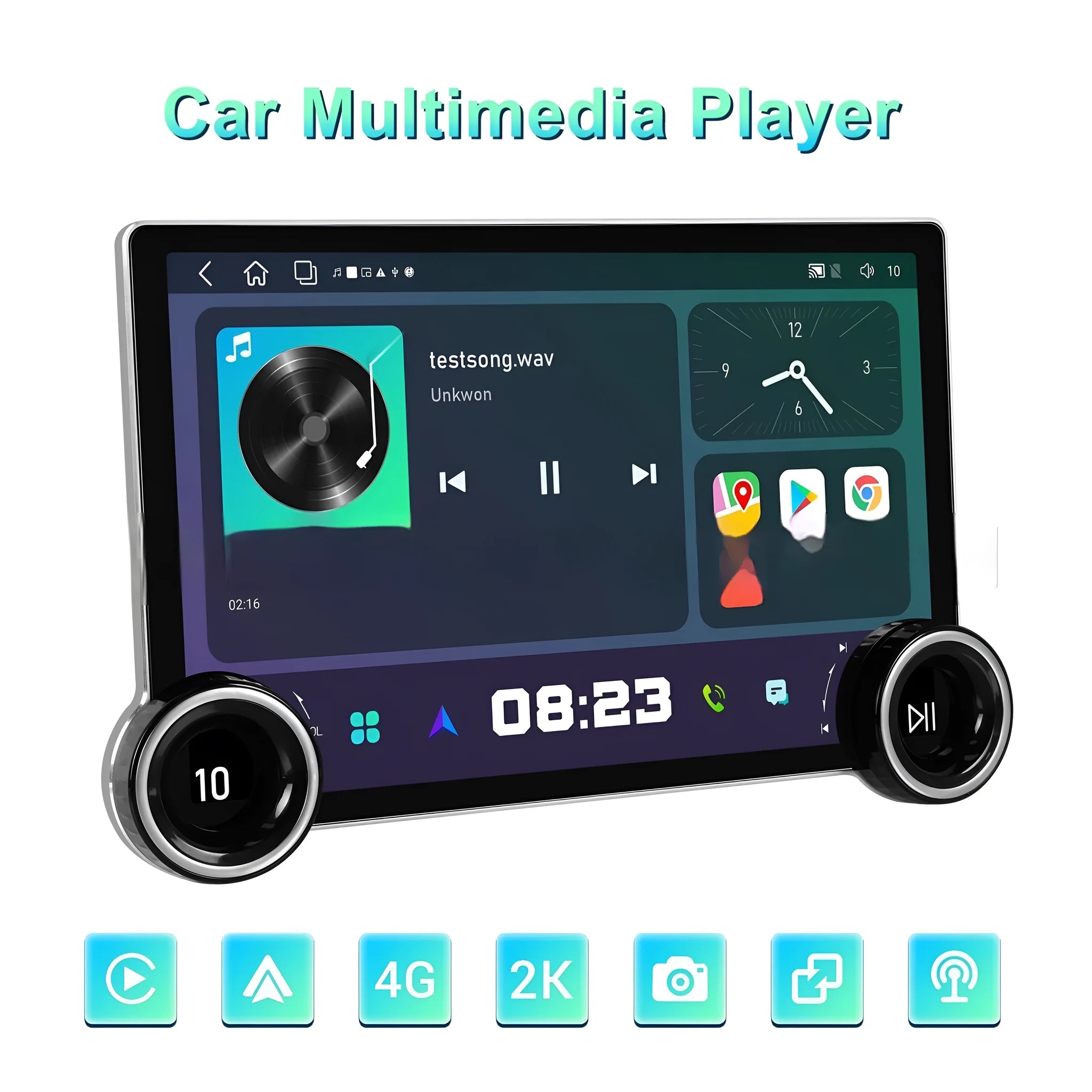11.8-inch Android car stereo with dual knobs and QLED touchscreen showing navigation interface