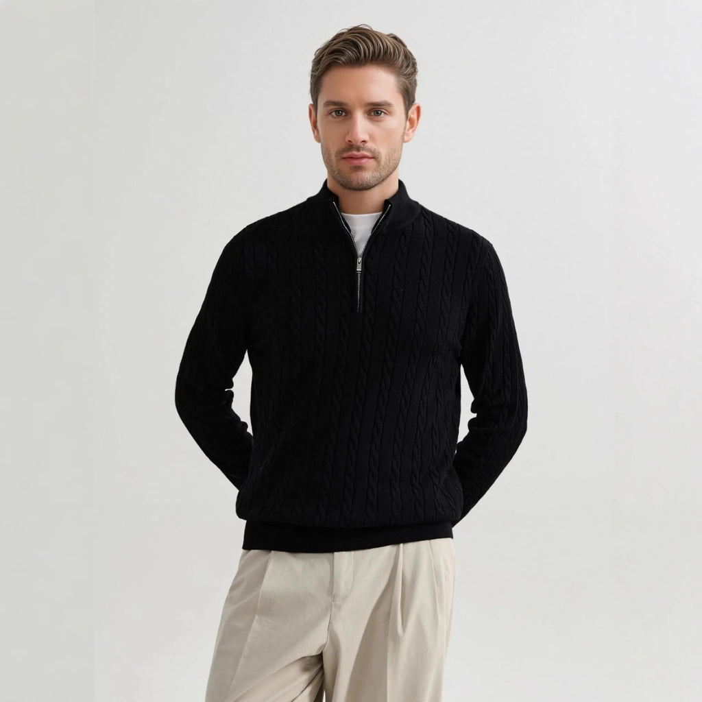 Men's casual wool blend zipper sweater in grass green with stand collar and twisted design