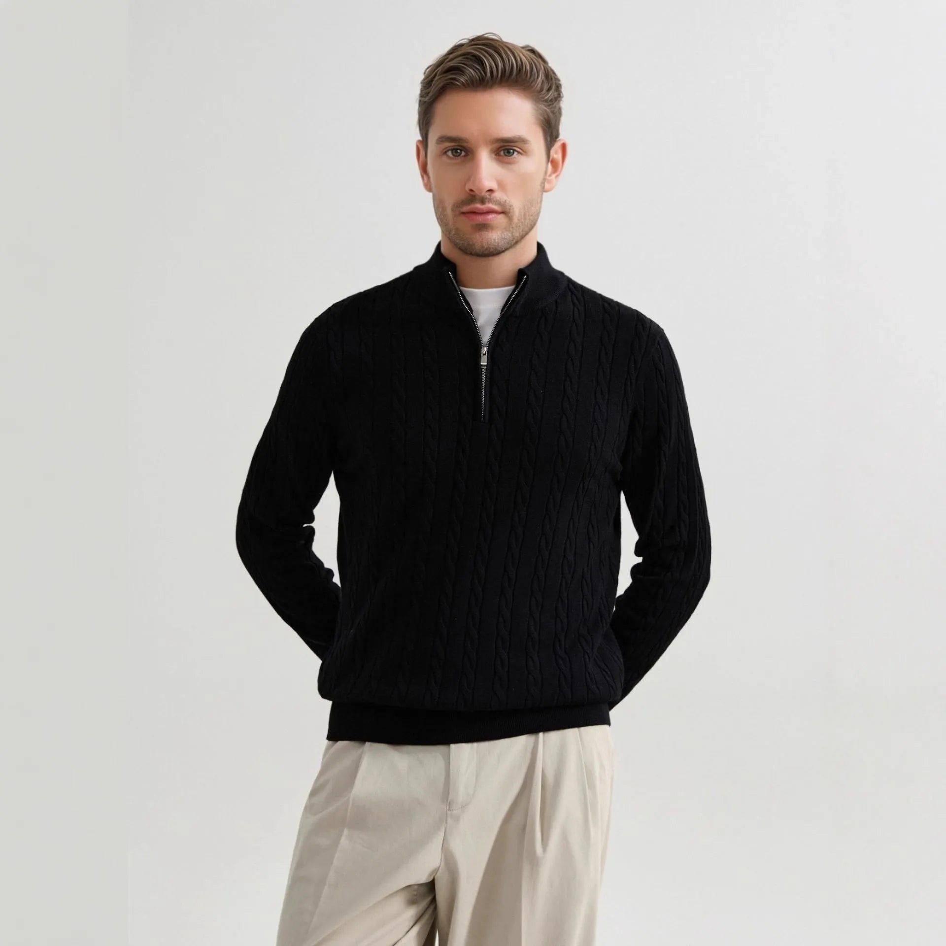 Men's casual wool blend zipper sweater in grass green with stand collar and twisted design