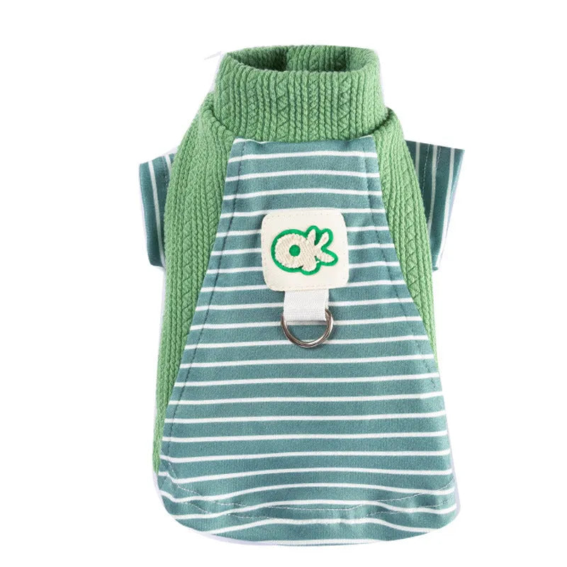 Cute striped dog shirt with metal belt loop, green and blue-green stripes, on a small dog