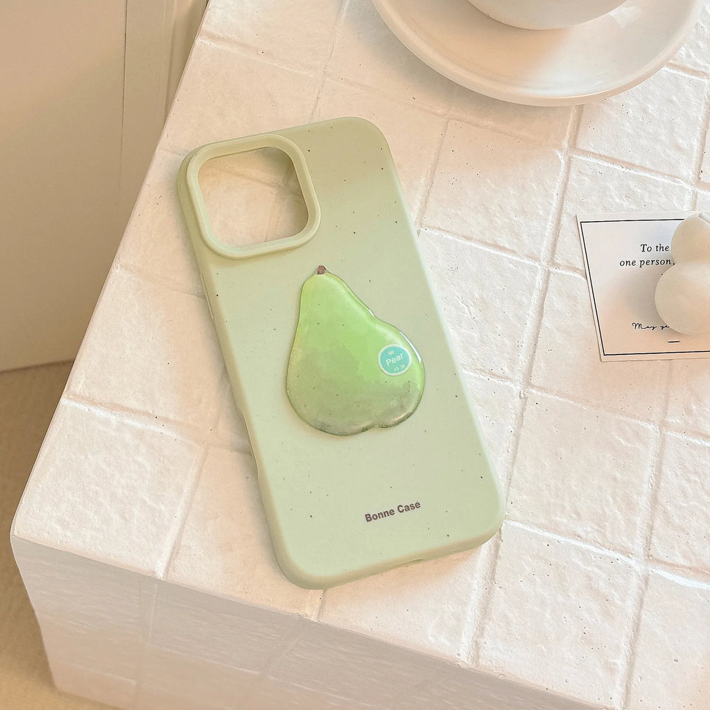Three-dimensional fruit TPU phone case with oil-painting finish for Apple iPhone, available in pink, yellow, green colours