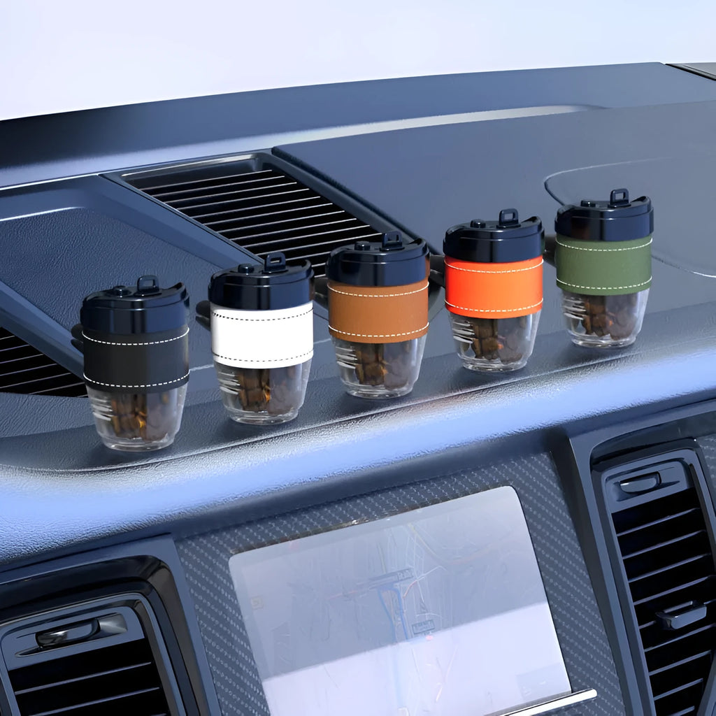 Coffee cup shaped plastic car air freshener in black, brown, green, orange or white colour options