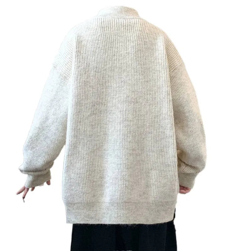 Men's casual stand collar cardigan in Vinylon fabric, beige, loose fit, side view on model