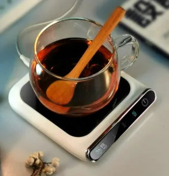 Black USB cup warmer with three-speed temperature control and compact 118x132mm heating coaster
