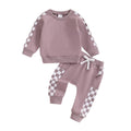 Checkerboard printed baby suit with letters in pink, blue, purple, black – two-piece top and pants set for toddlers
