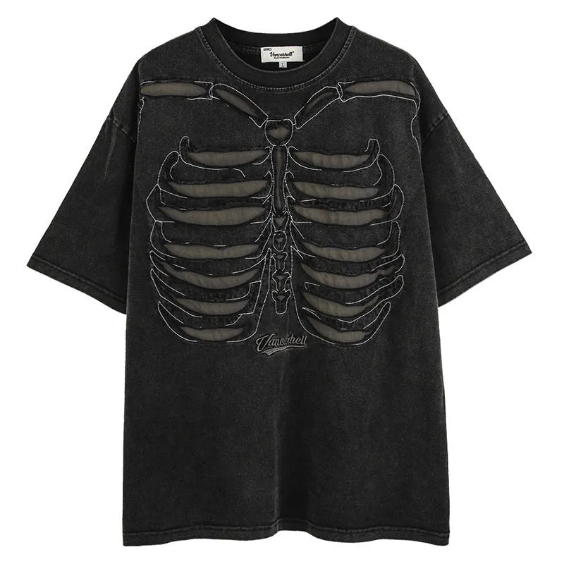 Men's black cotton T-shirt with a skull and letter graphic print, loose fit with drop shoulders.