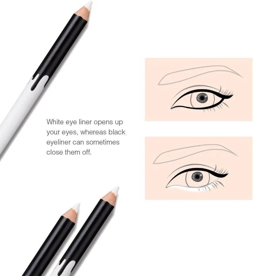 12 white and black retractable eyeliner pencils and a sharpener laid out on a flat surface.