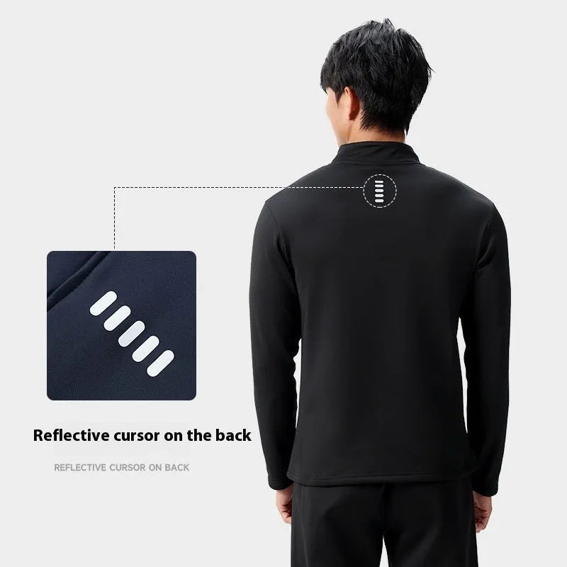 Men's half zipper windproof quick-dry polyester training top in black, long sleeve, spring autumn fitness wear