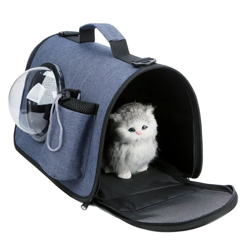 Portable cat bag in Oxford fabric, crossbody pet carrier with 13kg capacity, cup lid colour options.