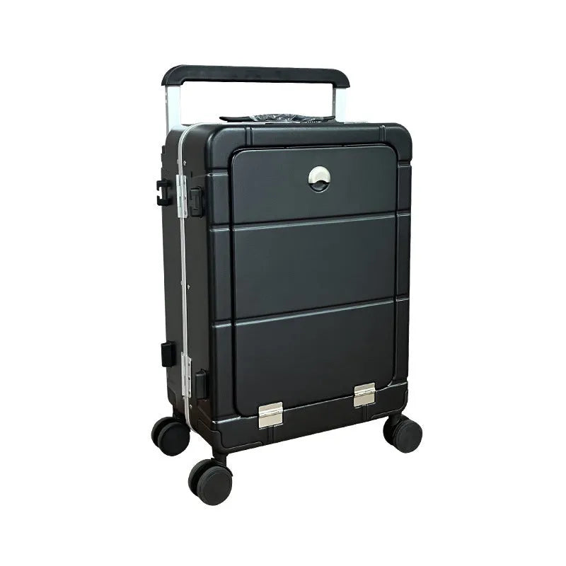 20-inch front opening suitcase in four colour options showing dry wet separation compartments and external holders