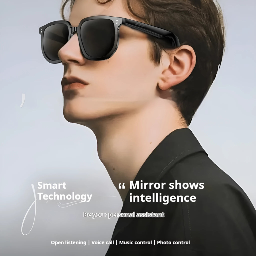 Black AI smart glasses with Bluetooth audio and sunglasses lenses for wireless calls.