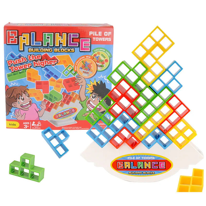Plastic balance stacking board game with 16 coloured blocks, chassis, and base on a 26.5cm square box.
