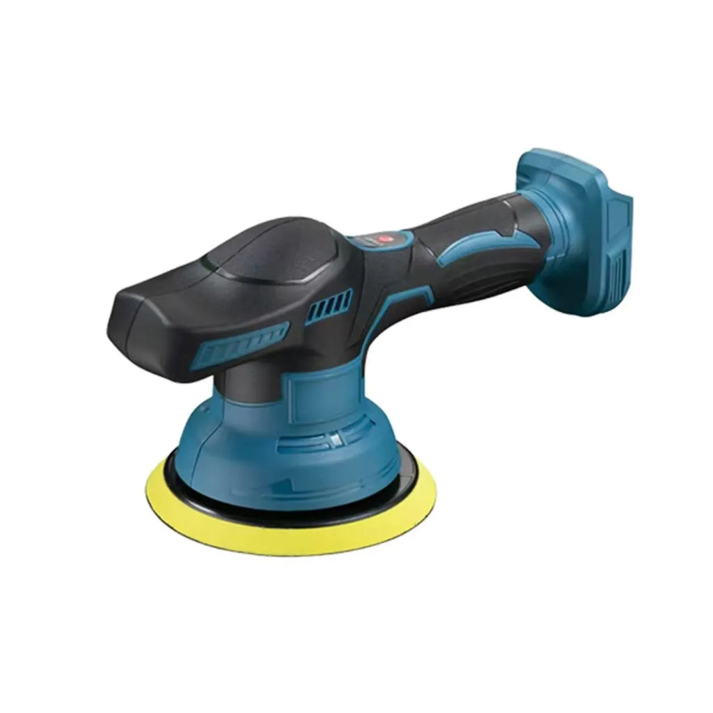 Red digital display electric polisher held against car paint surface with polishing pad