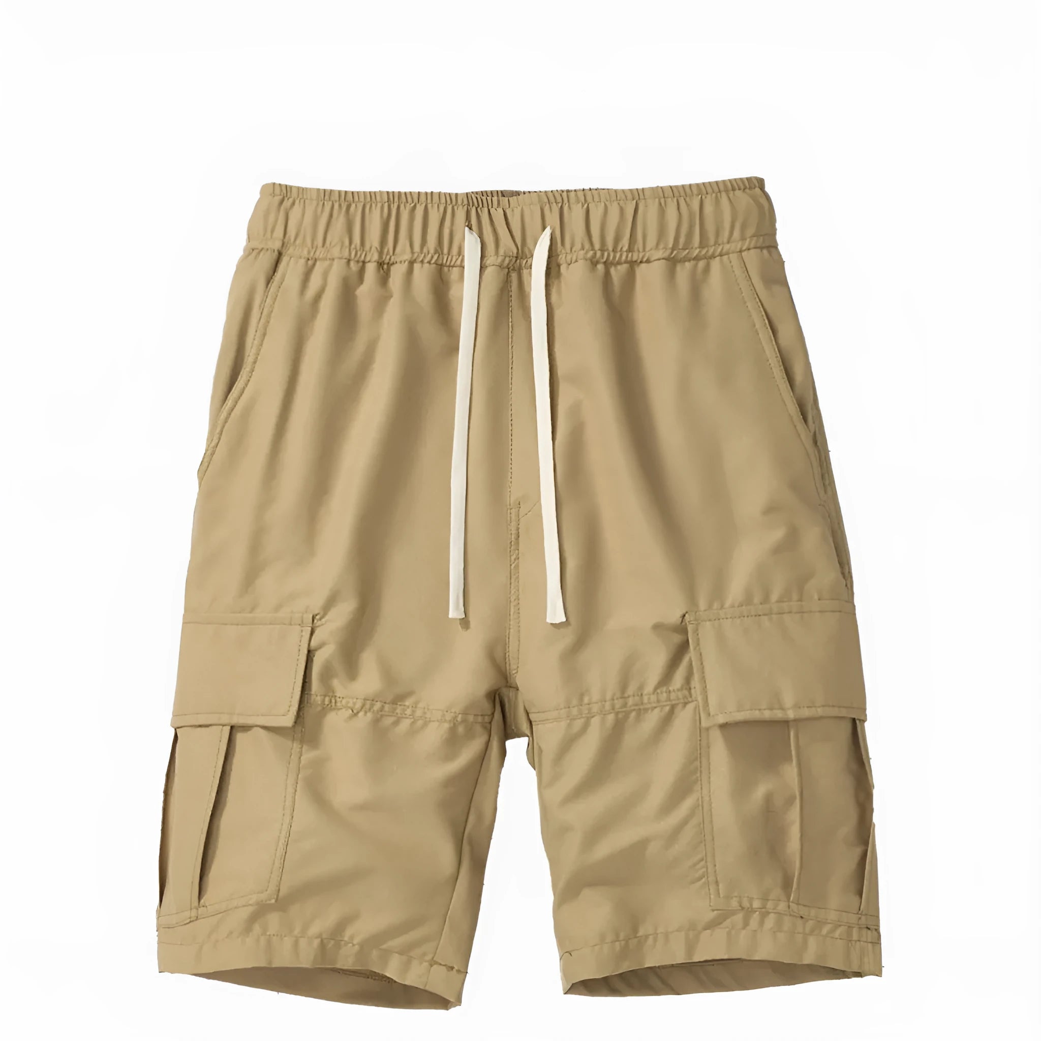 Man wearing loose, multi-pocket cropped pants in brick red for outdoor summer leisure.