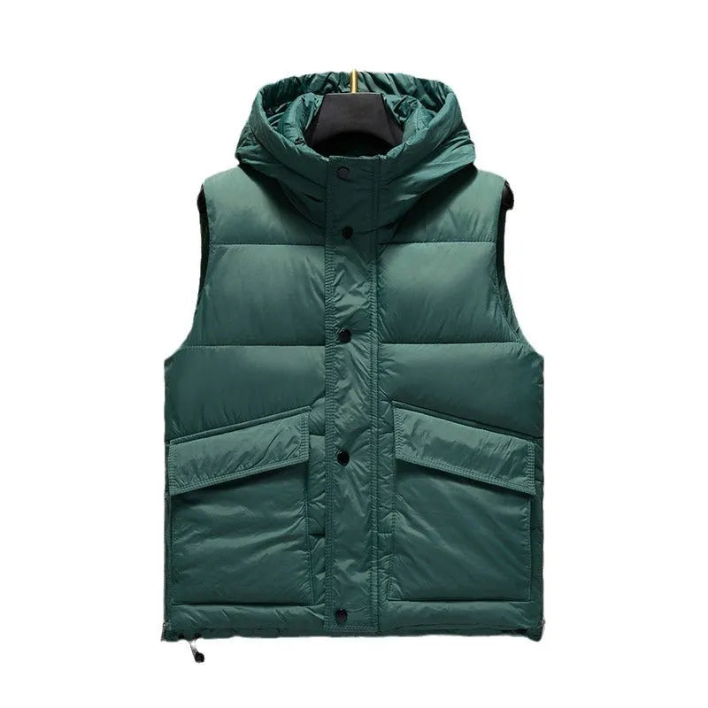 Men's thickened down cotton vest in black or green, sleeveless waistcoat jacket, sizes M to 3XL, 50cm length