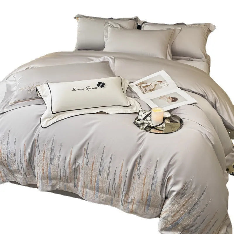 Pure cotton four-piece bedding set with embroidery and reactive printing in dove grey