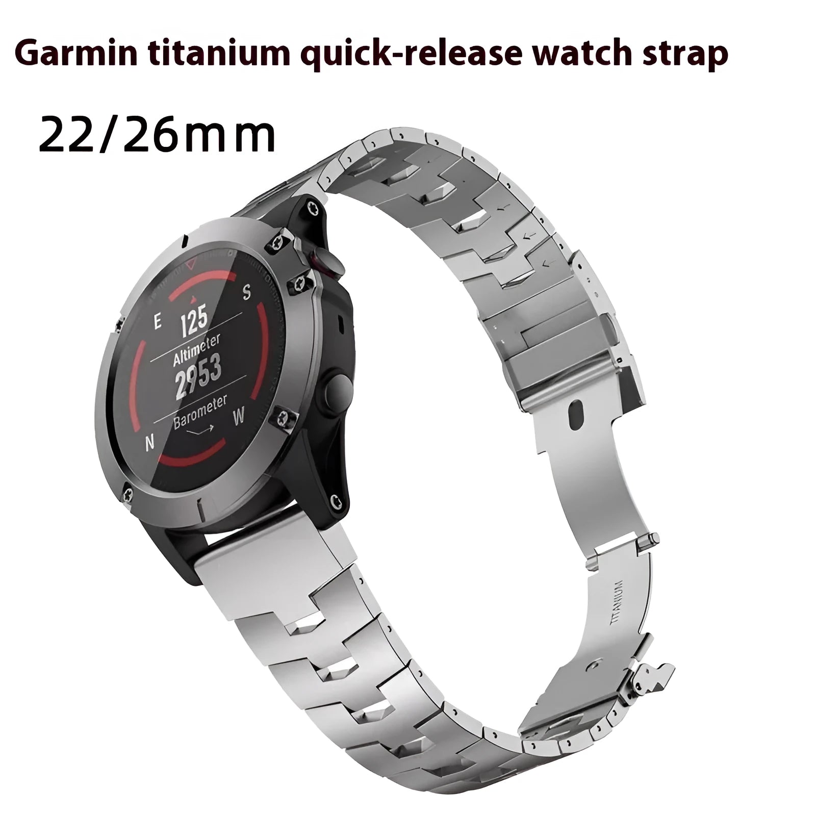 Replacement watch strap for Garmin Fenix and Jiaming watches in black, silver, or Titanium colour.