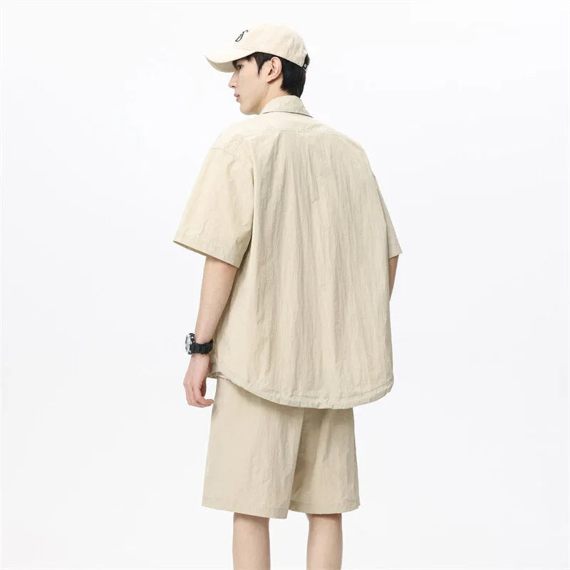 Men's loose casual shirt and shorts two-piece set in dark gray, light breathable nylon blend
