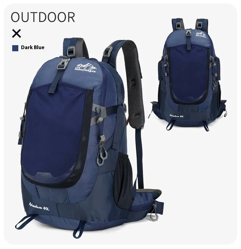 New outdoor 40L backpack in black with waterproof fabric and curved shoulder straps