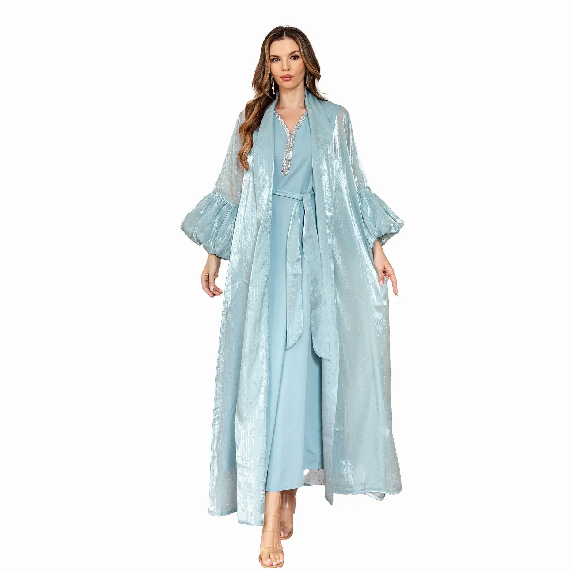 Arabic two-piece dress set in blue with rhinestone straps and long sleeves