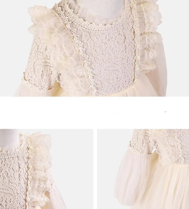 Girls long-sleeved princess dress in apricot with lace trim and petticoat, autumn style