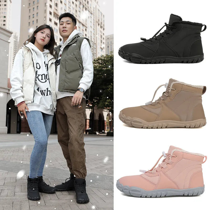 Outdoor snow boots in black with lace-up front, waterproof umbrella cloth upper, and rubber sole.