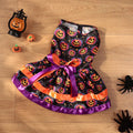 A double-layer Halloween pet skirt for dogs in a colourful pumpkin print, shown in size M.