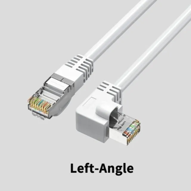 Coloured Cat6 Ethernet cable with a right-angled metal RJ45 connector plug in a choice of four orientations.