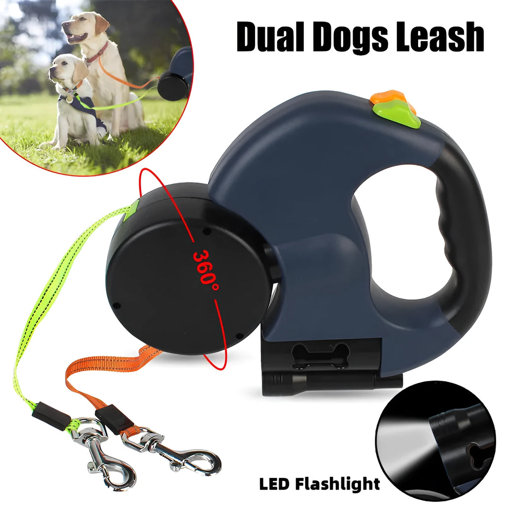 Dual retractable dog leash for small dogs with 360 swivel, flashlight, and 3m nylon ropes, in black