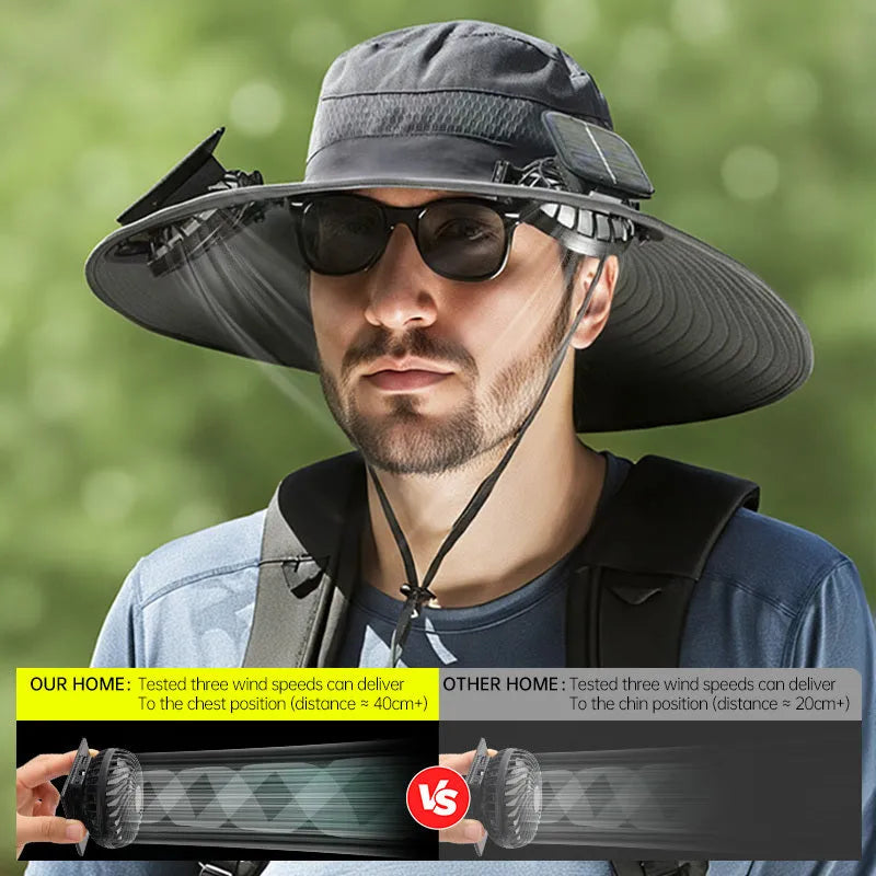 Solar-powered fan hat with integrated cooling fan and solar panel on brim