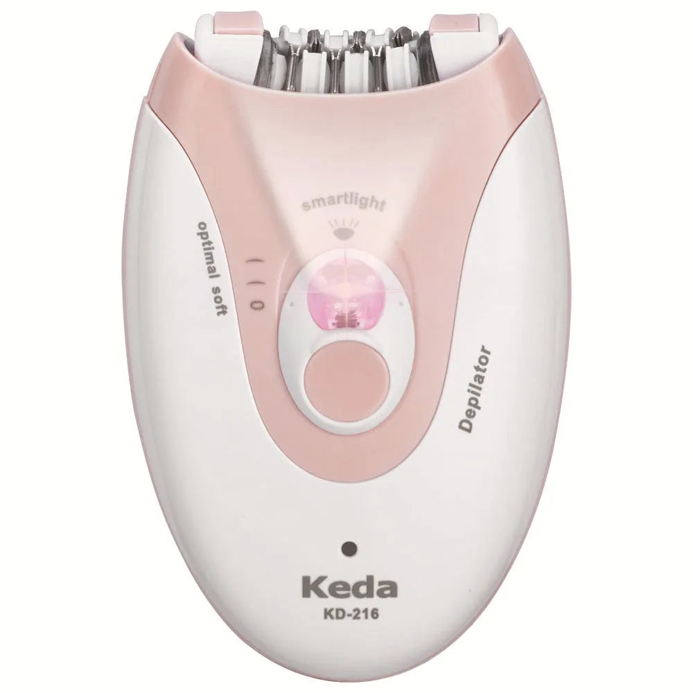 KEDA-216 coloured portable electric epilator with USB charger and cleaning brush on white background