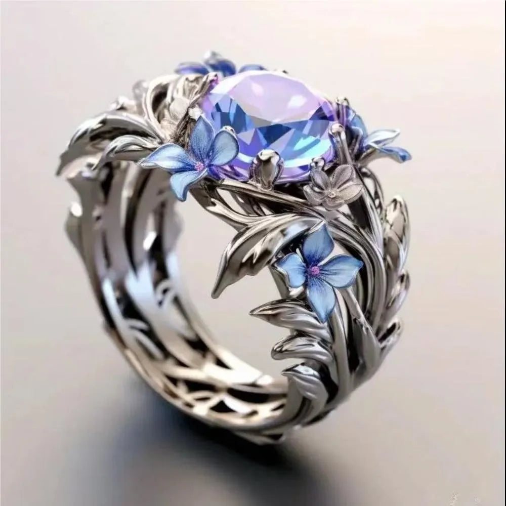 Silver enamel oil process ring for women, zinc alloy with electroplating, sizes 6 to 10