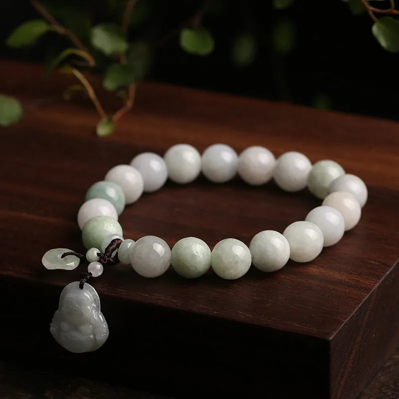 Natural green jade bracelet with geometric pendant featuring Maitreya Buddha design for women.