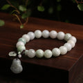 Natural green jade bracelet with geometric pendant featuring Maitreya Buddha design for women.