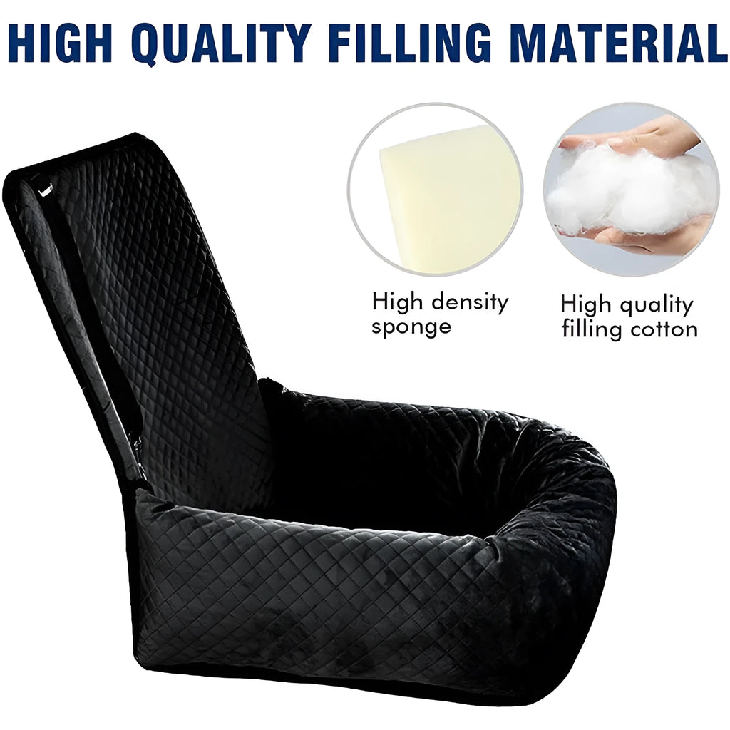 Black breathable pet car hanging bag with waterproof seat cushion for dog travel, compressed size 44x58x6cm
