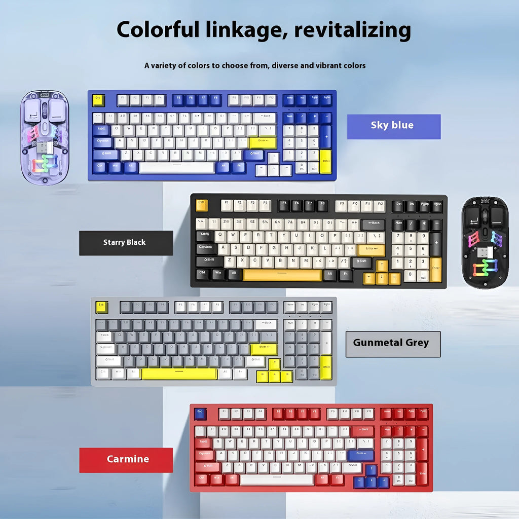 Custom mechanical keyboard and wireless mouse in selected colour option with backlight illumination.
