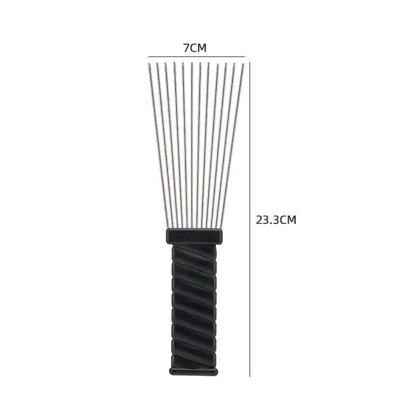 Male creative portable steel needle comb in plastic, over 20cm long, with steel teeth on a light background.