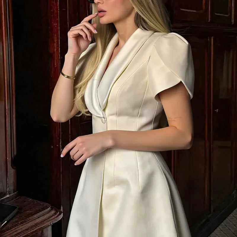 V-neck High Waist A-line Solid Color Jumpsuit Skirt for Women Short Length Short Sleeve Polyester Fabric Temperament Commute Style Available in Yellow Blue S M L XL 2XL 3XL