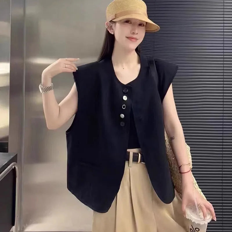 Women's loose-fit polyester vest in solid colour with a pocket, shown in milky white.