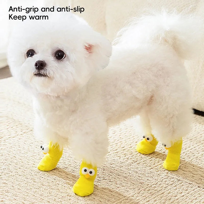 Dog all-season universal socks with cute big eyes and anti-slip particles on the bottom, in green colour