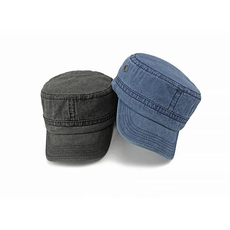 Flat top military style cotton cap shown in army green colour with an adjustable back strap.