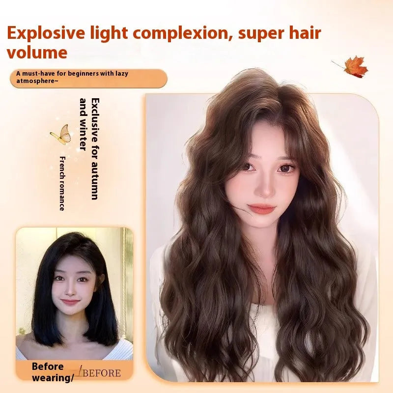 Full-head synthetic wig with long curly hair and side bangs in brown black colour.