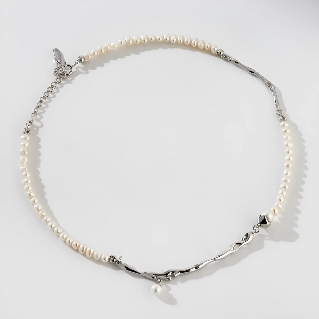 Stitching niche design unisex imitation pearl necklace with copper electroplated pendant in silver, O-ring chain