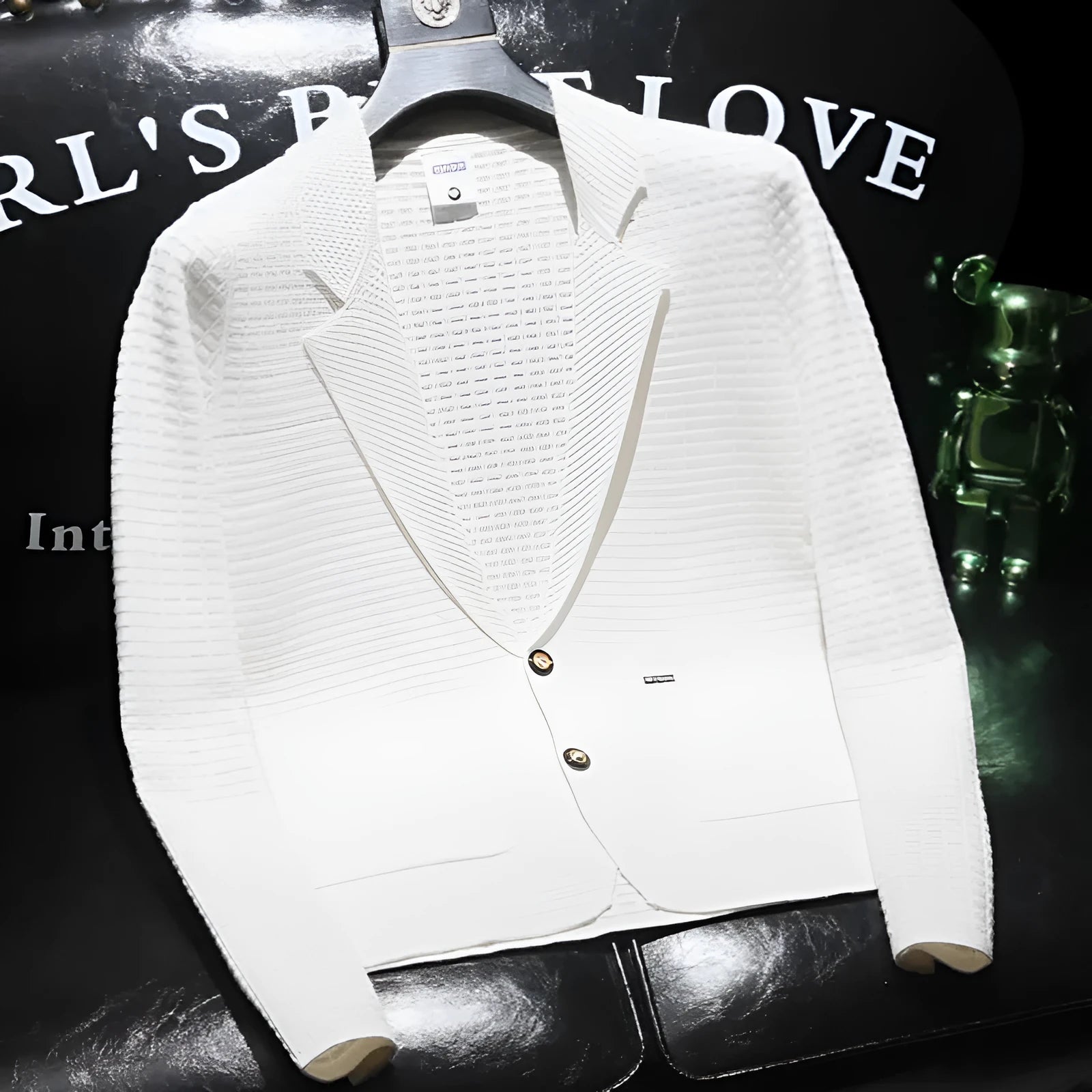 White men's V-neck suit top with solid colour design on hanger
