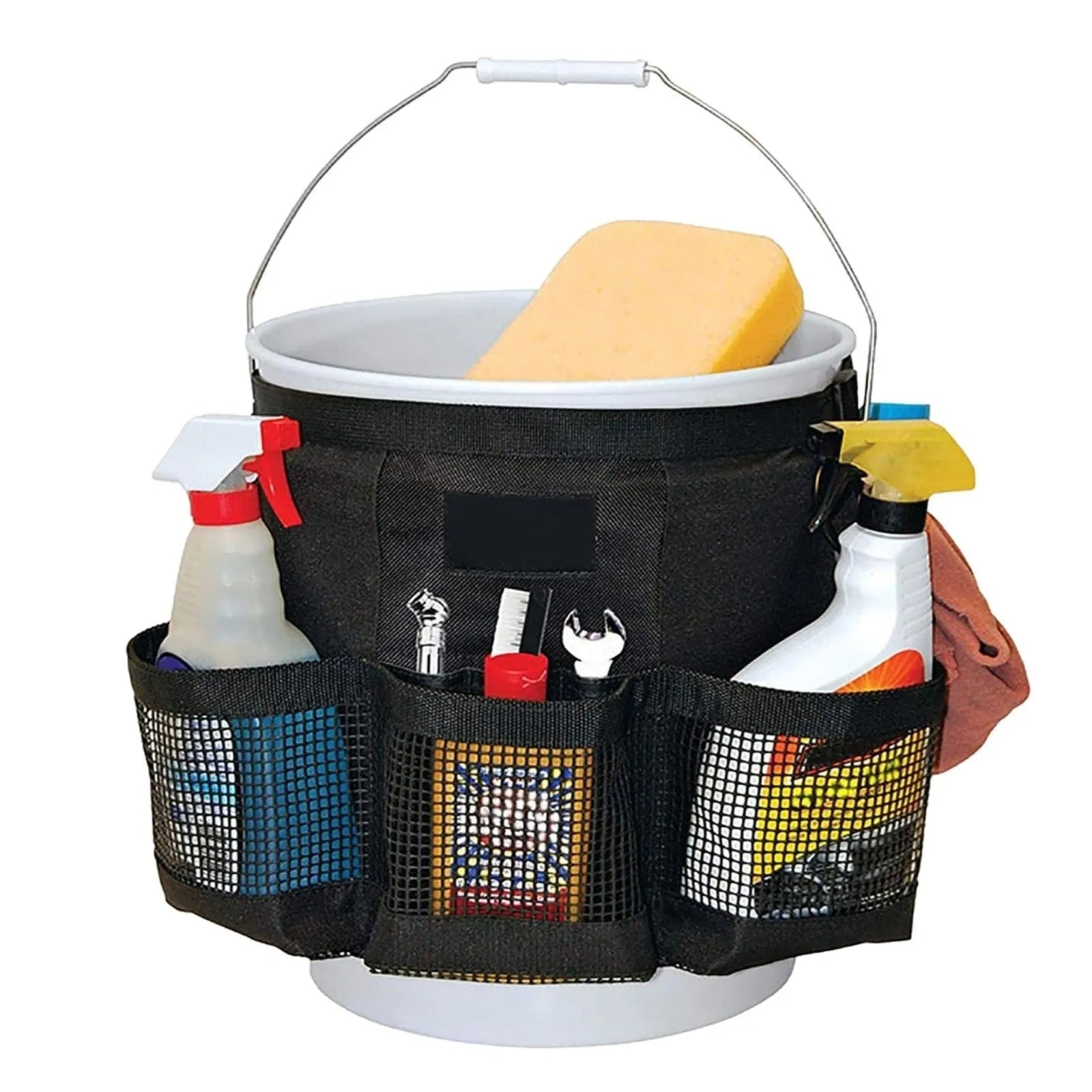 Black cylindrical polyester storage bag hanging on a 5 gallon bucket.