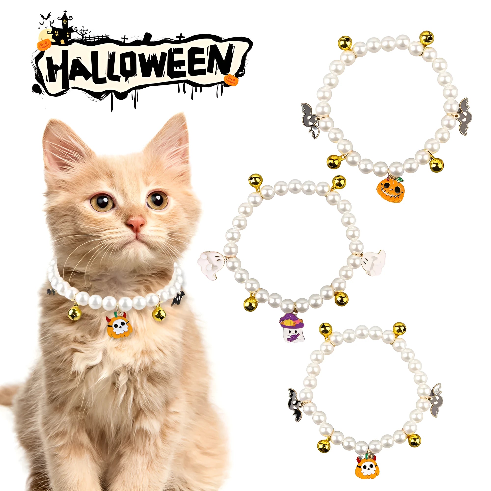 Decorative Halloween cat collar with simulated pearls and pumpkin charm in purple ghost design