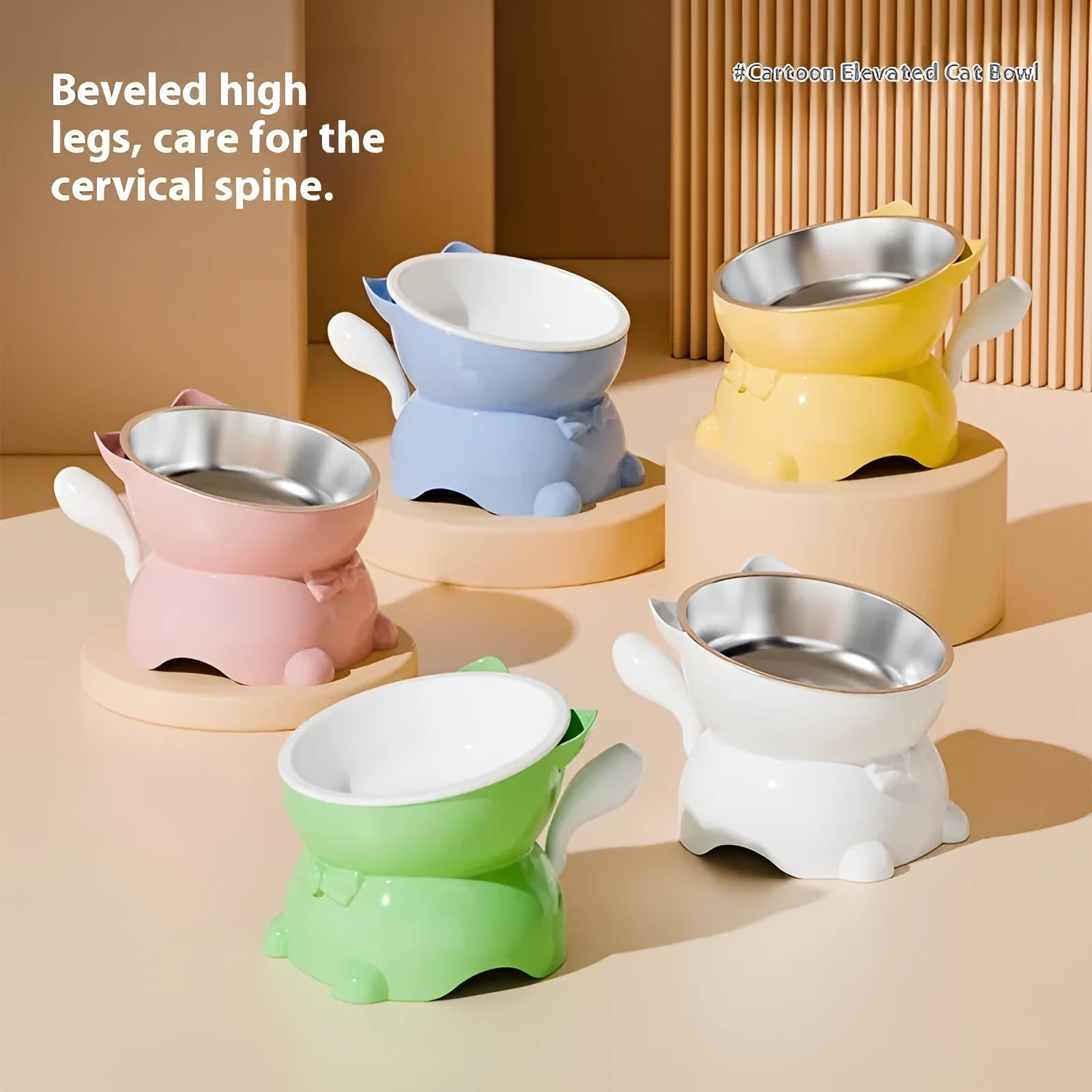 Stainless steel slanted cat bowl in blue colour on a wooden floor, showing its anti-spill design.