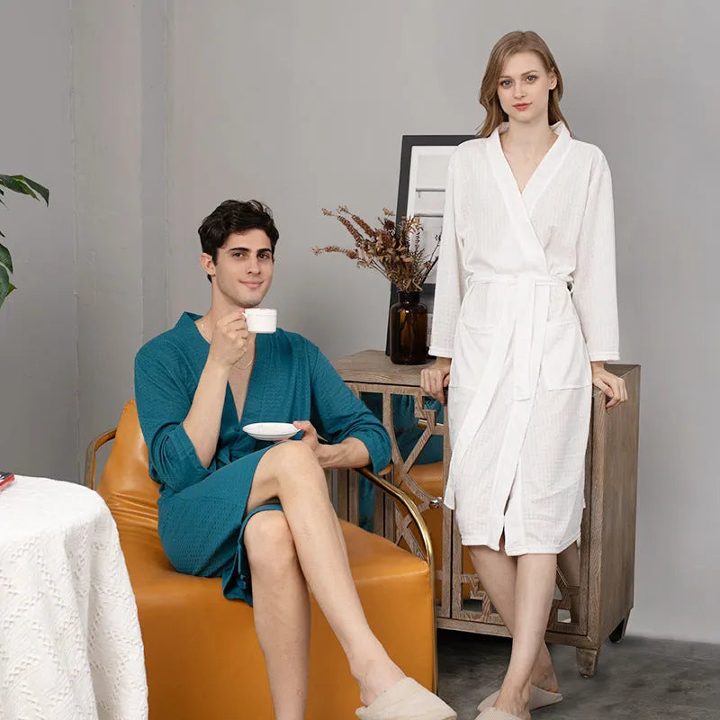 Unisex waffle bathrobe in Haze Blue for couples, 100% polyester loungewear
