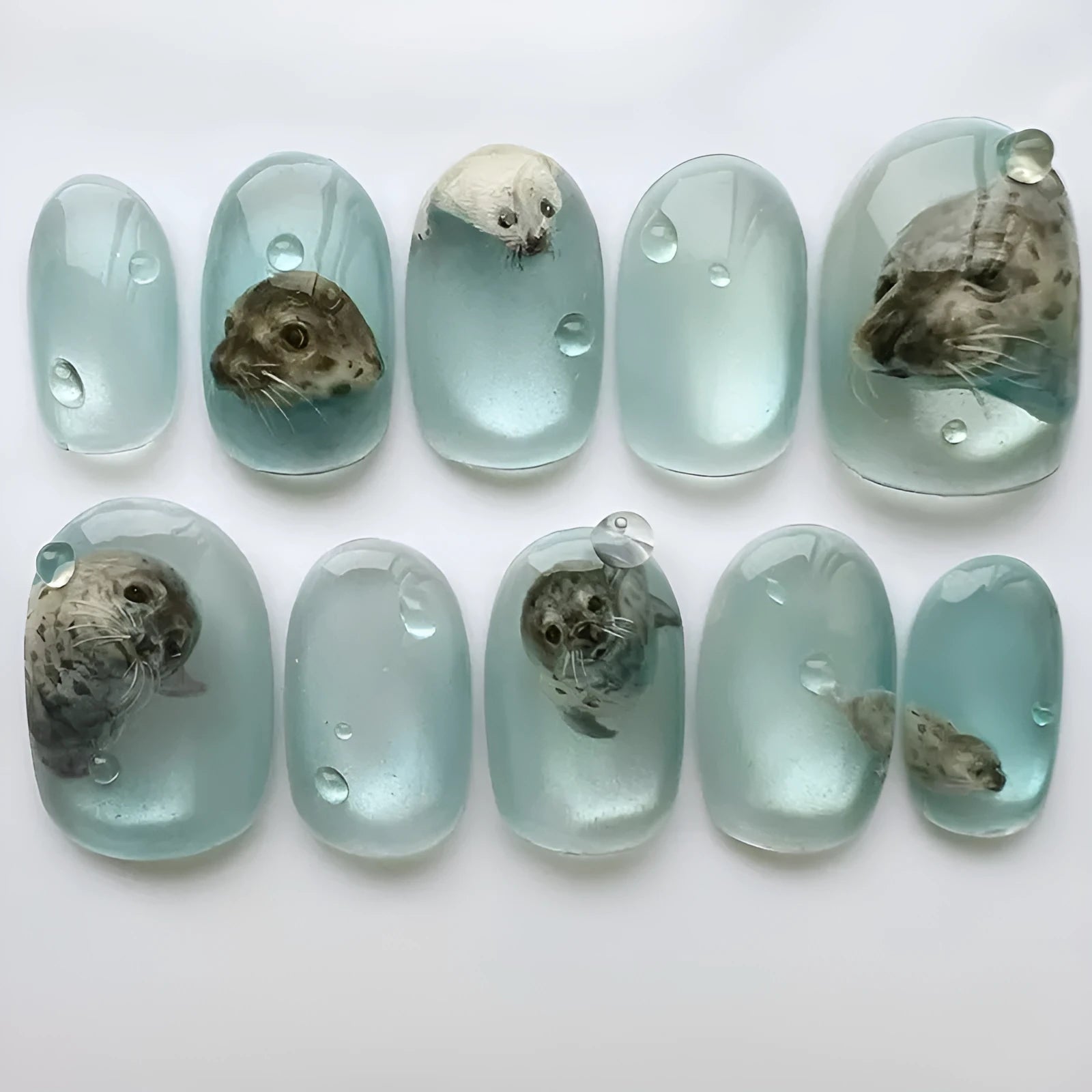 Cat eye summer ocean false nails in short oval shape with glue, detachable patch set for ladies