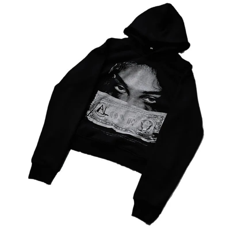 Black women's hooded sweater with cartoon pattern printing in loose fit
